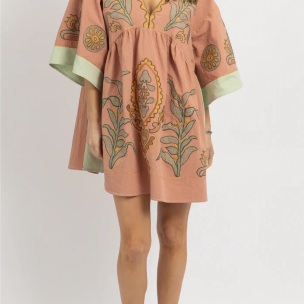 Embroidered Pink and Green Boho Baby Doll Dress